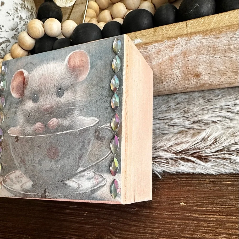 Hand crafted Mouse in Teacup Decorative wooden trinket box